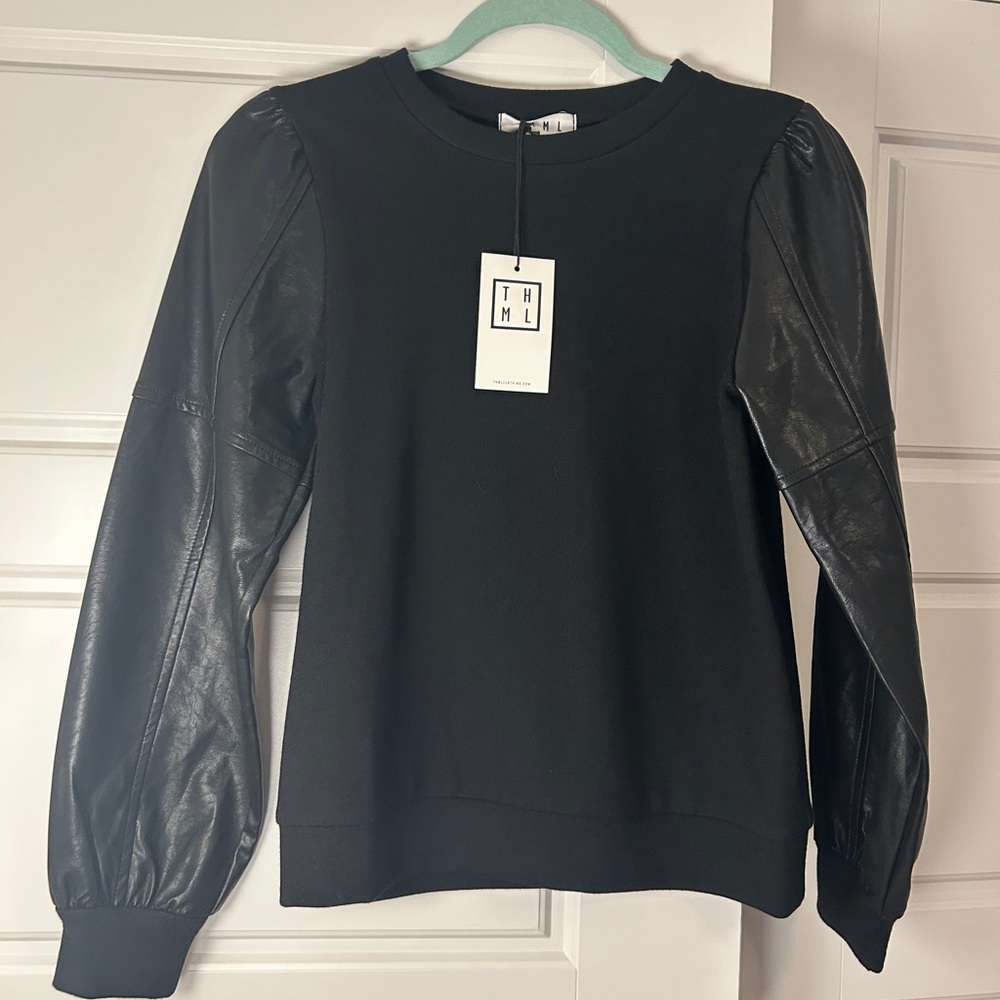 THML Black Mixed Media Women's Top with Vegan Leather Sleeves Size XS